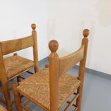 Suite of 6 vintage brutalist chairs in solid oak wood and straw from the 60s