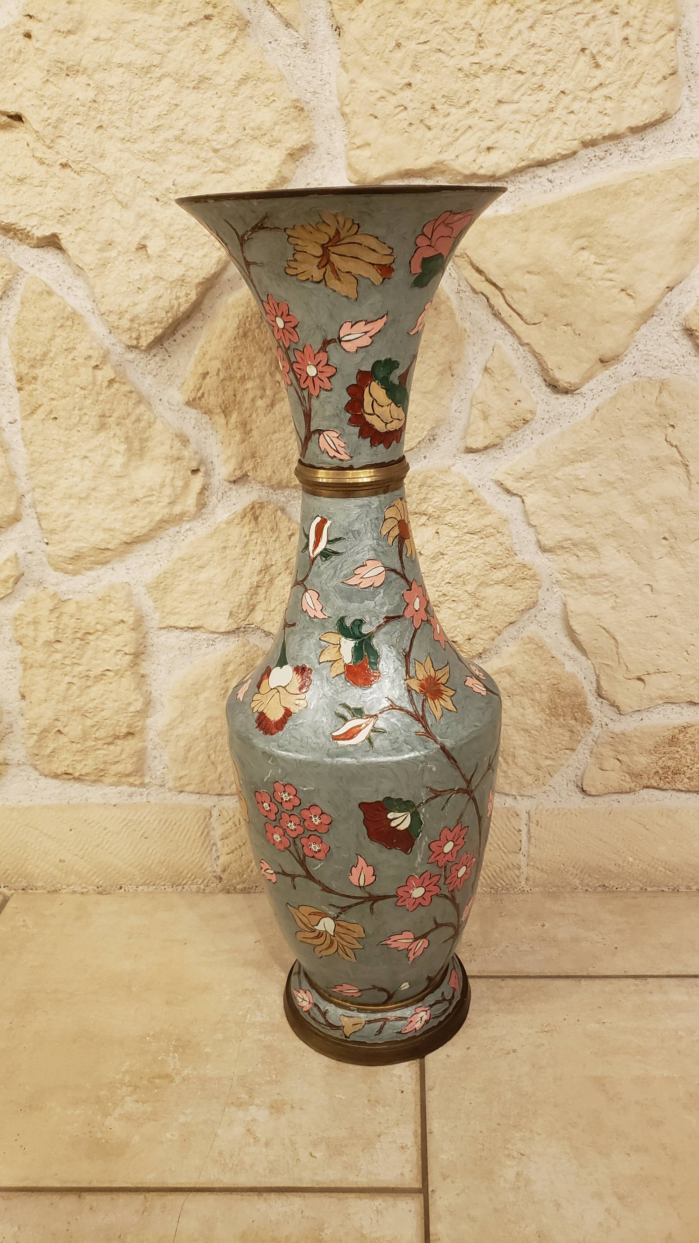 Large brass and cloisonné enamel vase