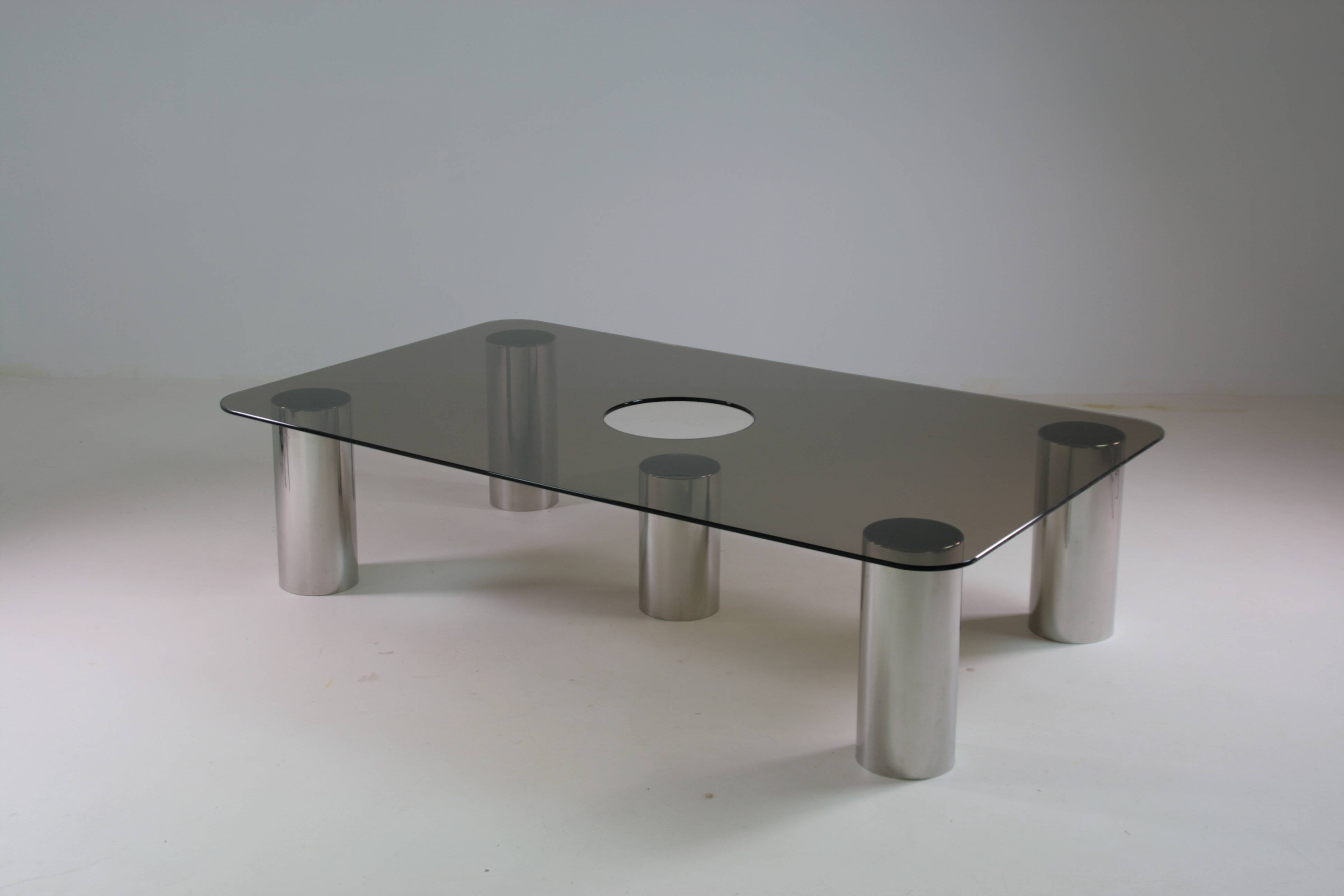 Large coffee table in chromed metal and smoked glass, Italy 1970
