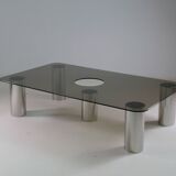 Large coffee table in chromed metal and smoked glass, Italy 1970
