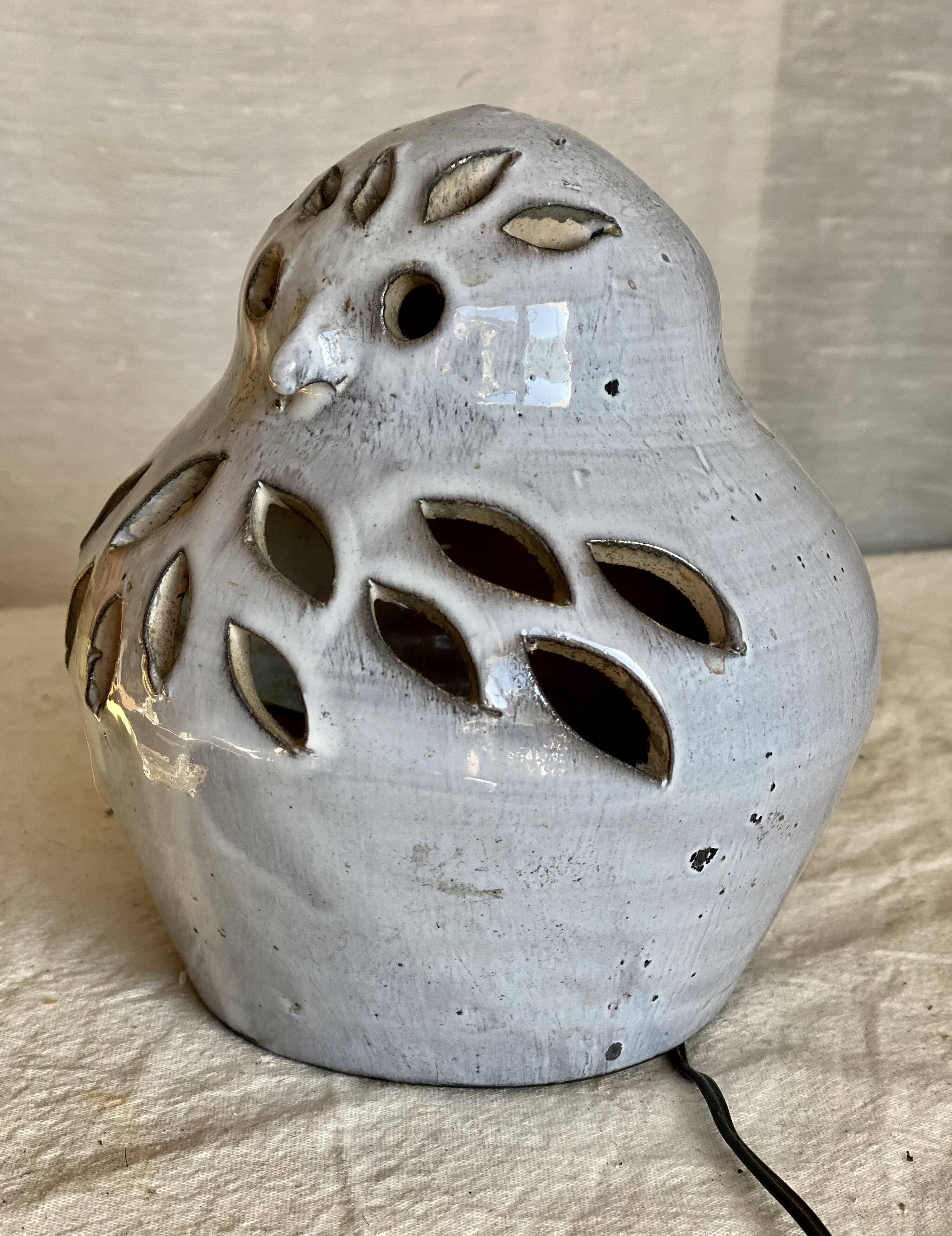 Zoomorphic ceramic night light by Honoré Camos in Vallauris, vintage owl 1960