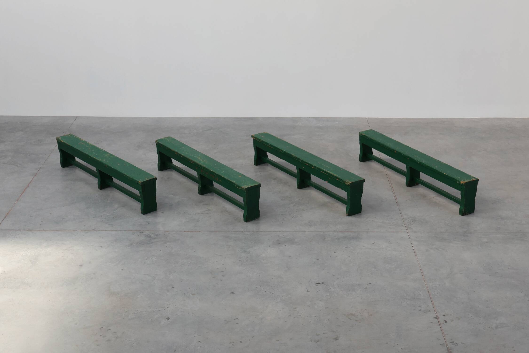 Rustic primitive green farmhouse bench in solid oak, France ca. 1900