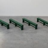 Rustic primitive green farmhouse bench in solid oak, France ca. 1900