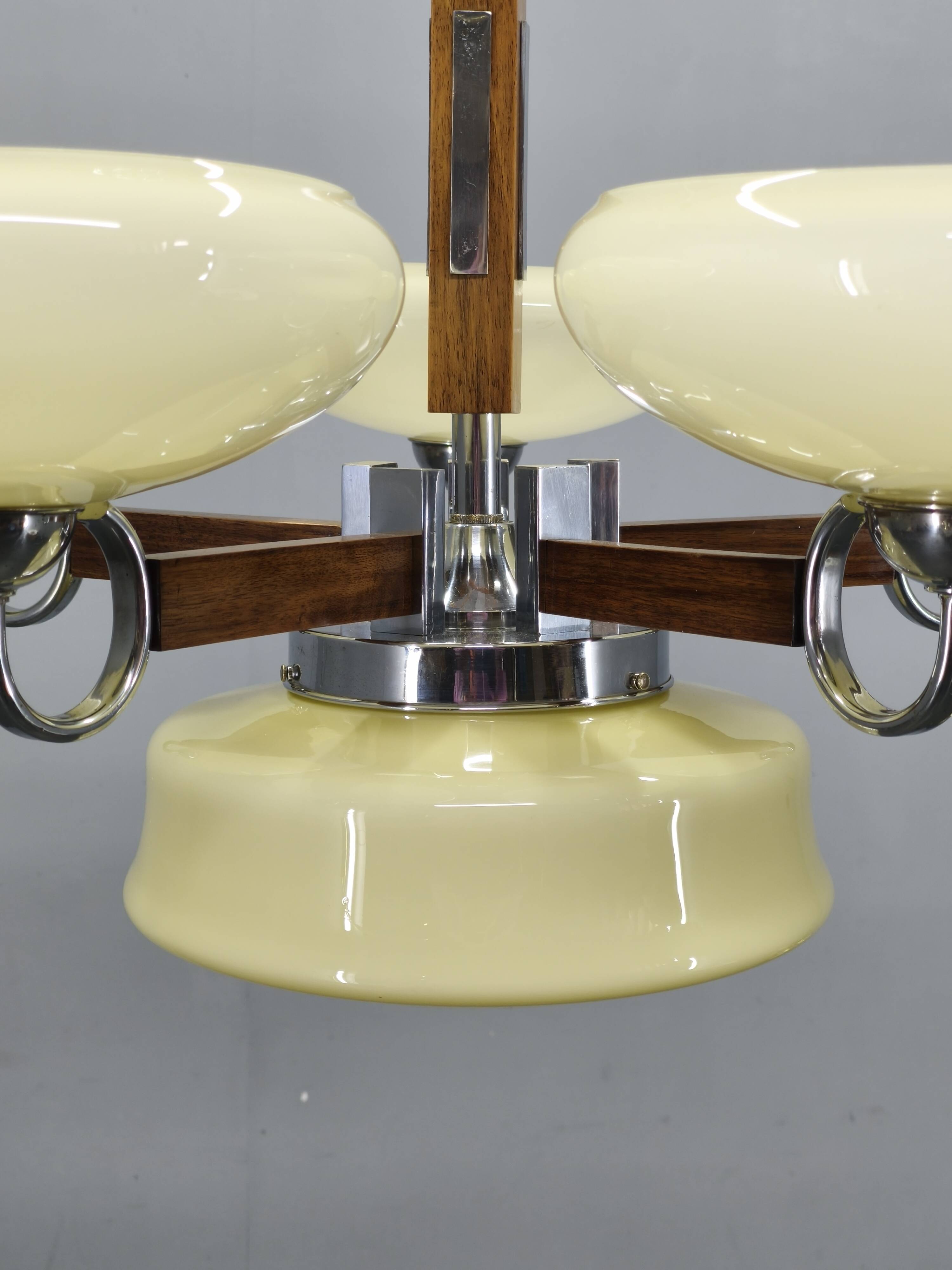 Art Deco Chrome and Walnut Chandelier, Czechoslovakia, 1930s
