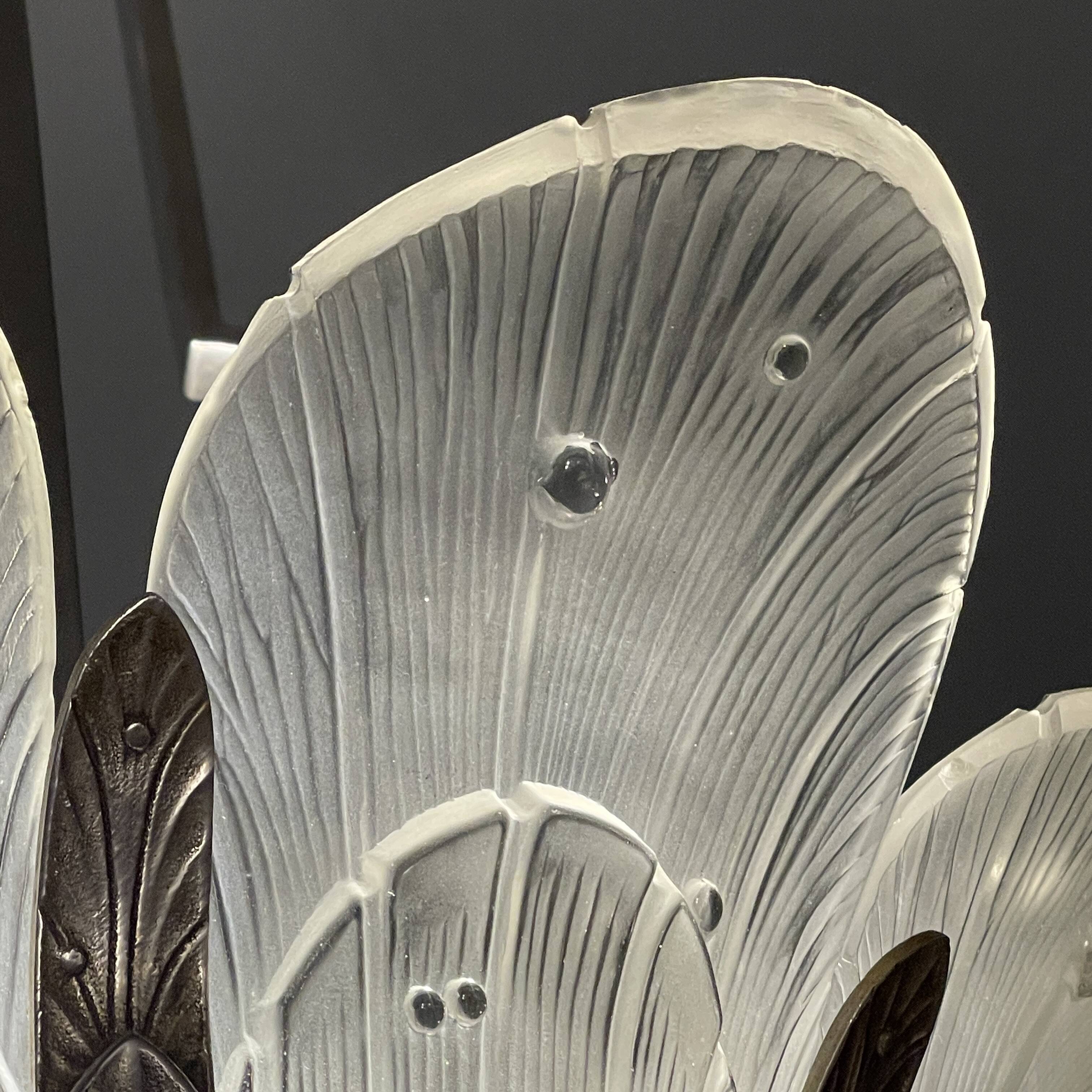 Art Deco Chandelier Sandblasted Pressed Glass, Nickel-plated Bronze 1930