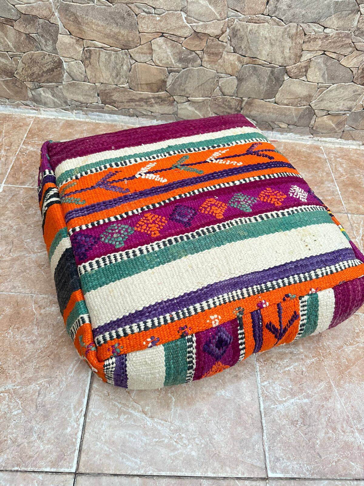 Handmade Moroccan Kilim Pouf: Vintage Berber Wool Floor Cushion
