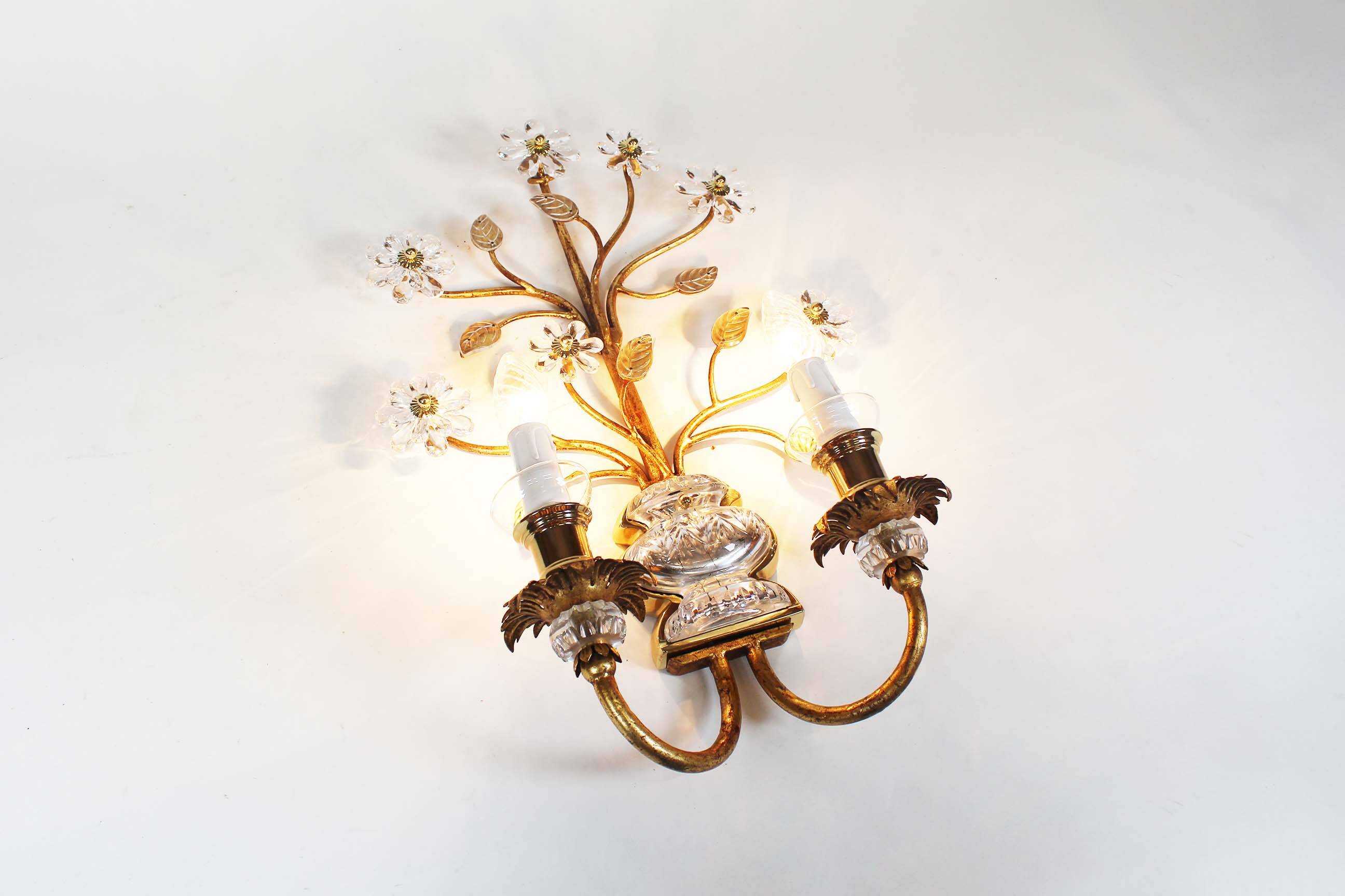 Monumental Bagues style crystal and gilt sconces by Banci Firenze