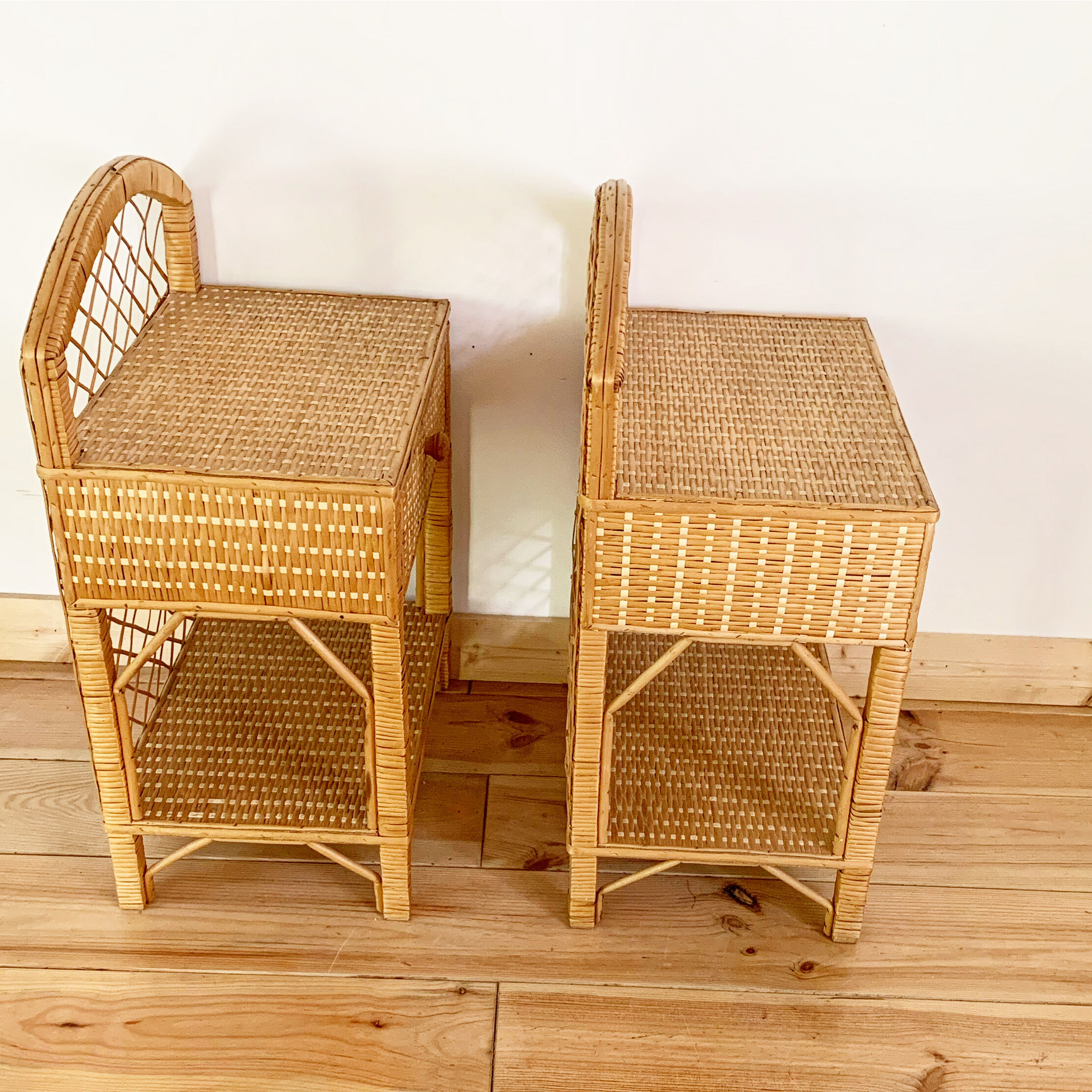 Pair of vintage wicker and rattan bedside tables