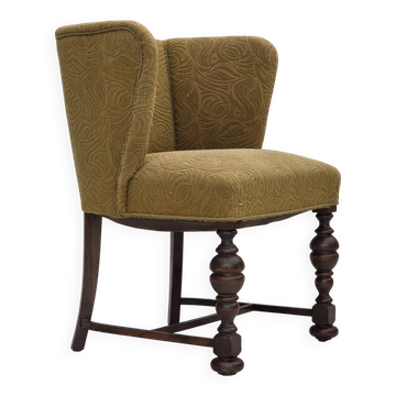 Chaise lounge danoise des années 1950, velours/laine vert, bois de chêne foncé.