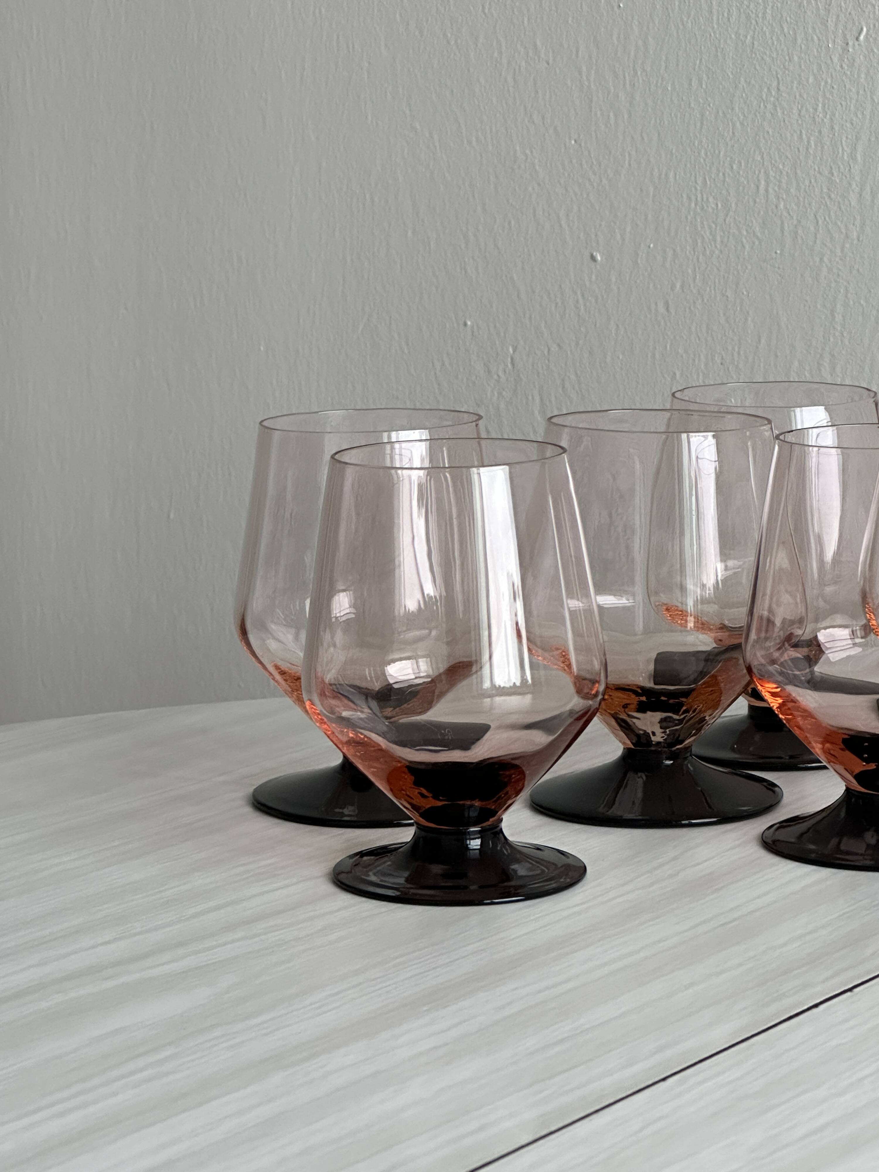 6 vintage translucent pink glasses with black stems