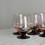 6 vintage translucent pink glasses with black stems