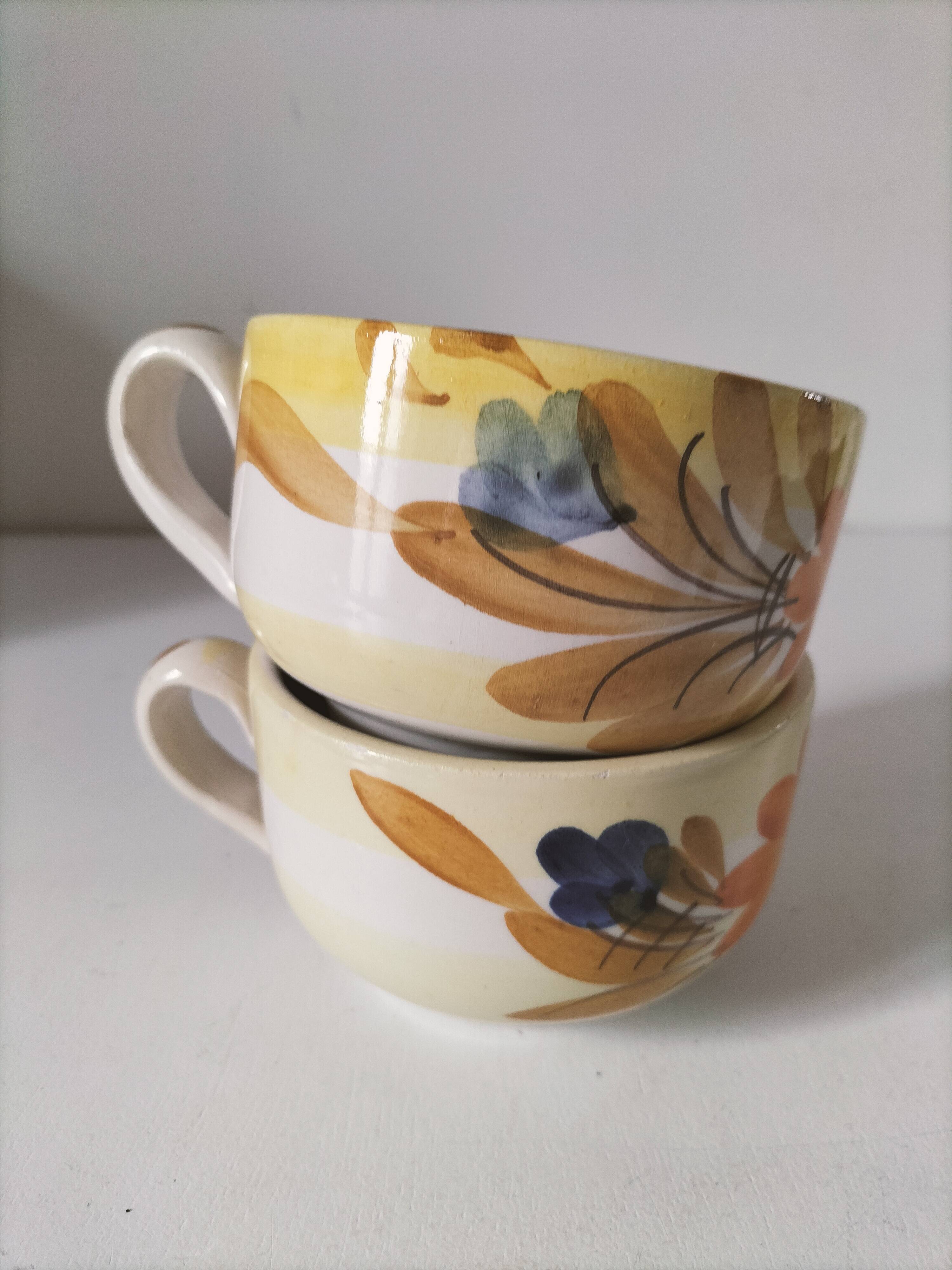Two large vintage hand-painted mugs – Orange and blue flowers