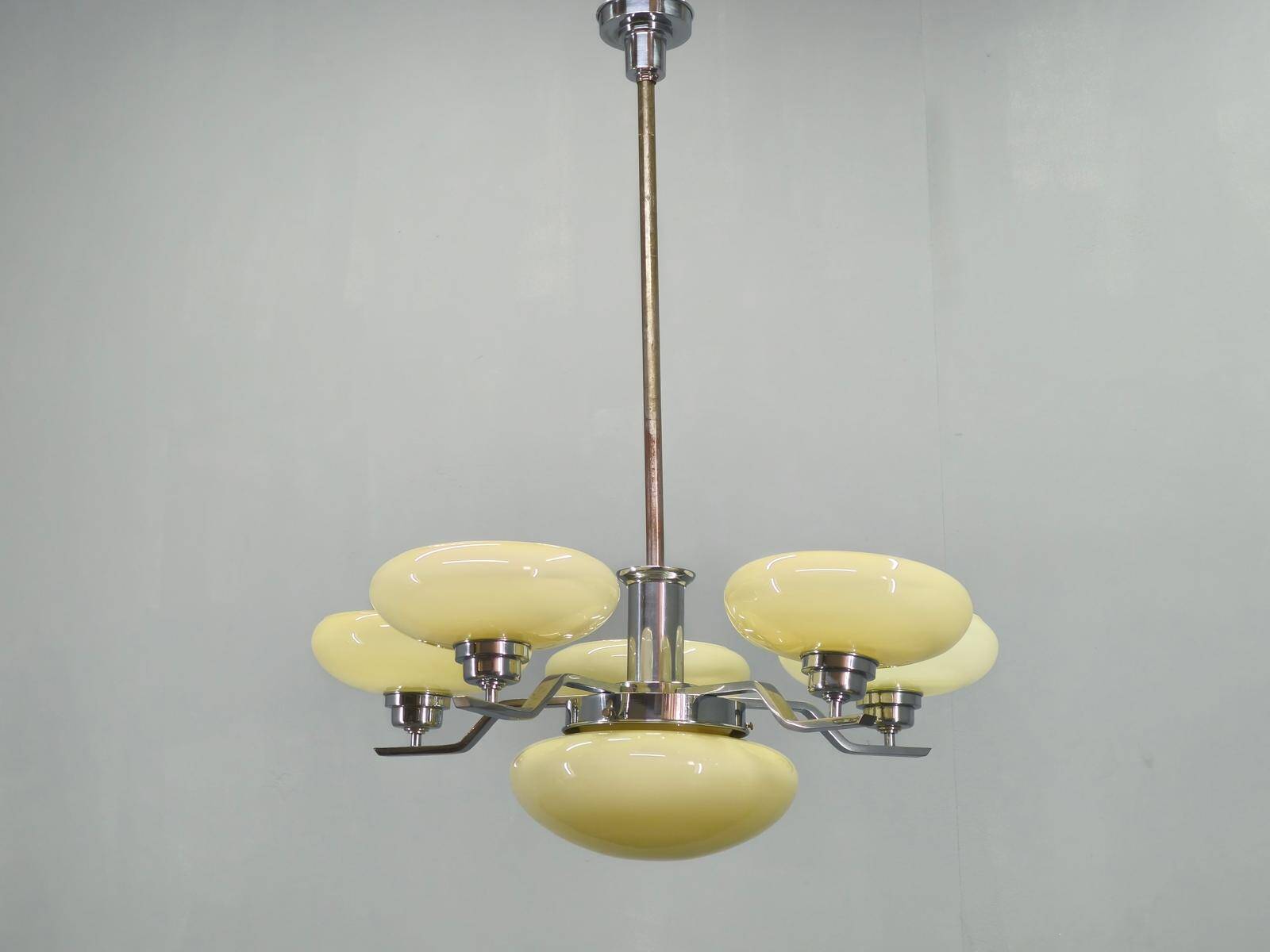 Art Deco Chrome Chandelier with Six Opaline Glass Shades, 1930s