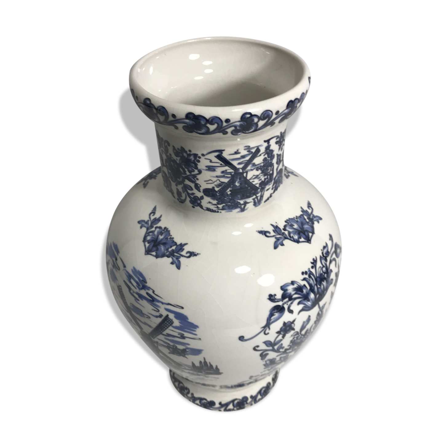 Vase porcelain molen blue & white decoration vintage old