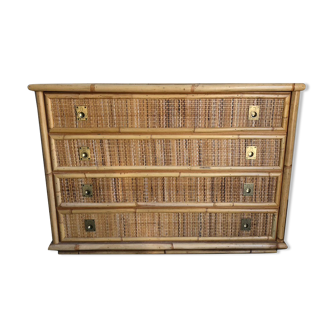 Commode rotin et bambou signée Dal Vera 4 tiroirs
