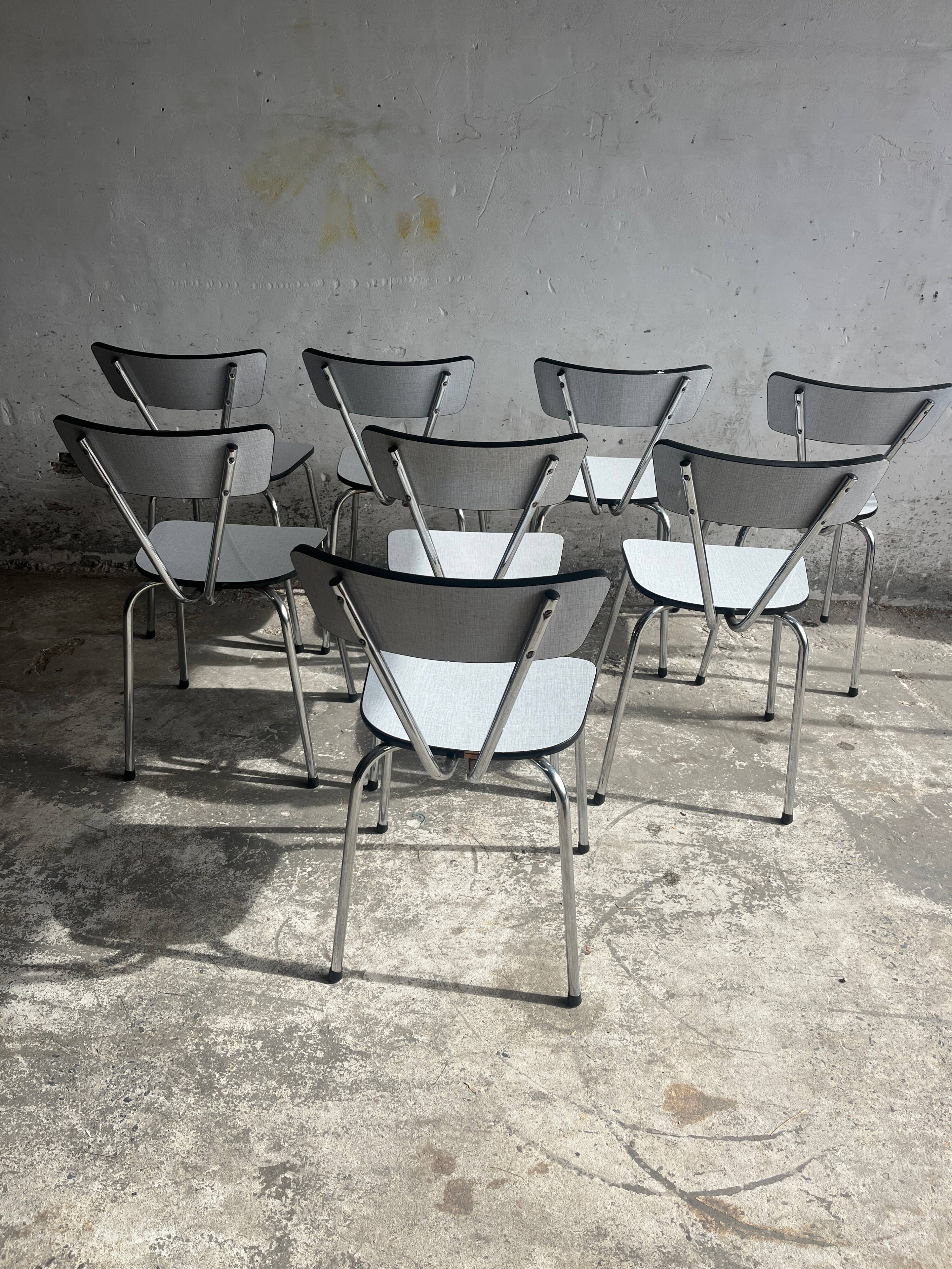 Set of 8 Vintage Mid-century Dining Chairs — Light Grey Laminated Plywood with Chrome Legs