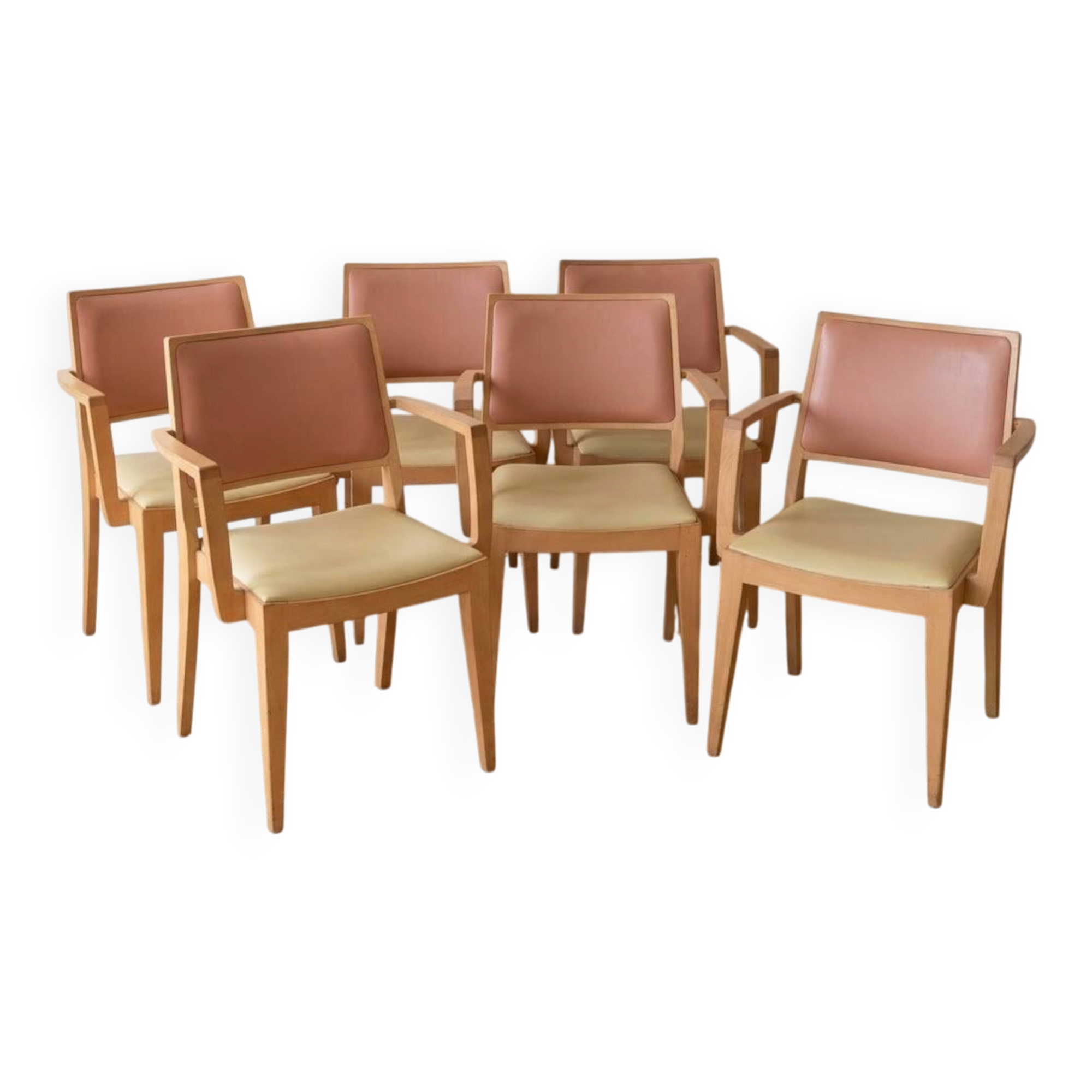 Set of 6 vintage Scandinavian chairs in wood and faux leather.