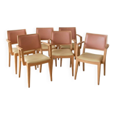 Set of 6 vintage Scandinavian chairs in wood and faux leather.