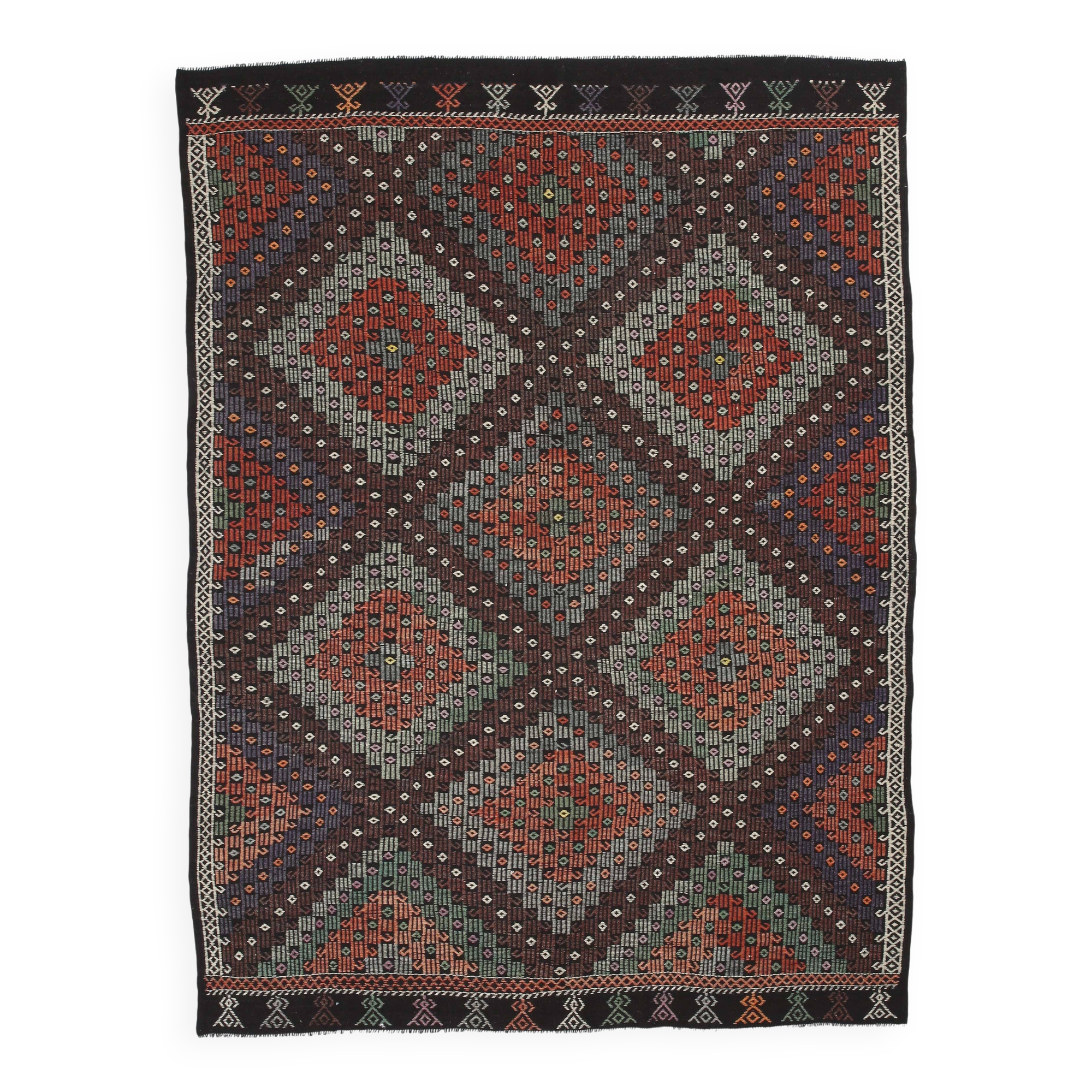 7x10 Green & Burgundy Handmade Wool Kilim Rug, 220x296Cm