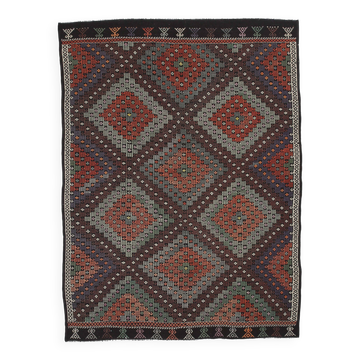 Tapis kilim en laine fait main vert et bordeaux 7x10, 220x296 cm