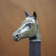Vintage fireplace andirons, pair of cast iron animal andirons, brass horse head