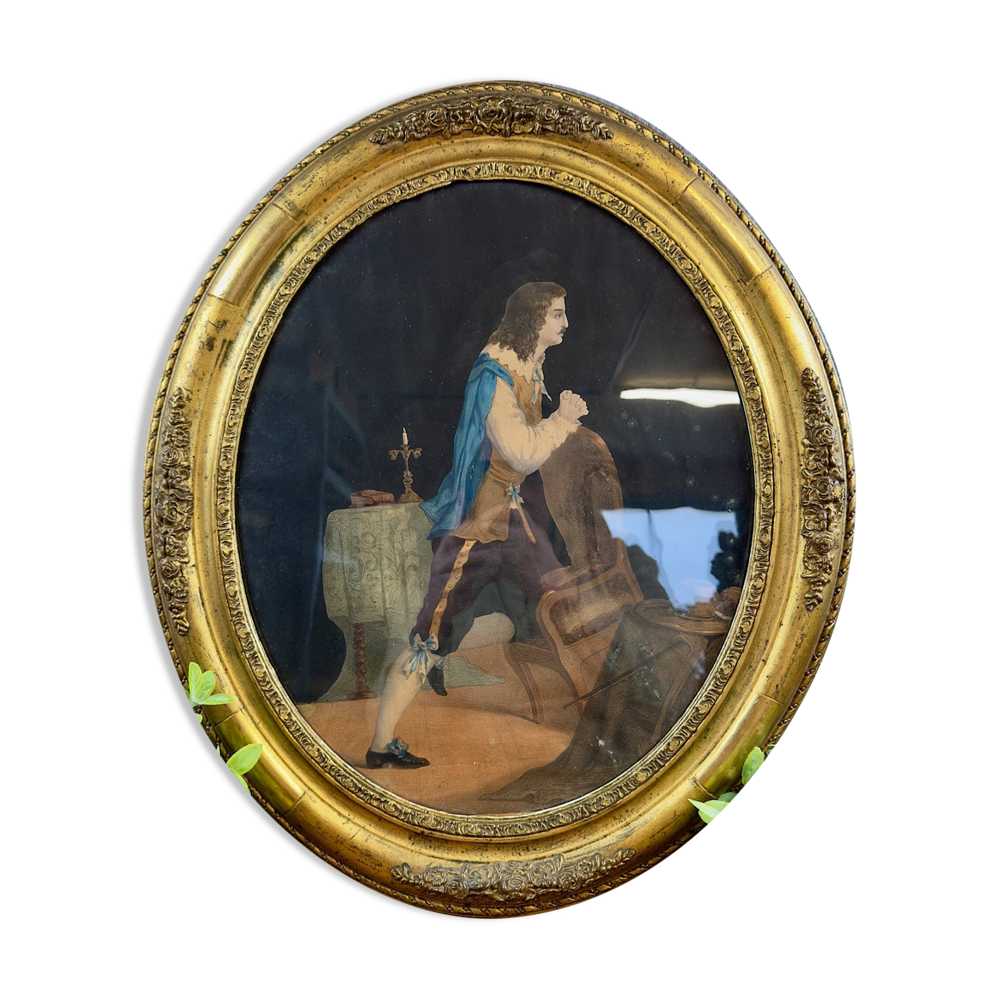 Old lithograph of a man in prayer – Oval gold frame