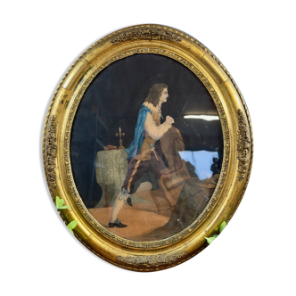 Old lithograph of a man in prayer – Oval gold frame