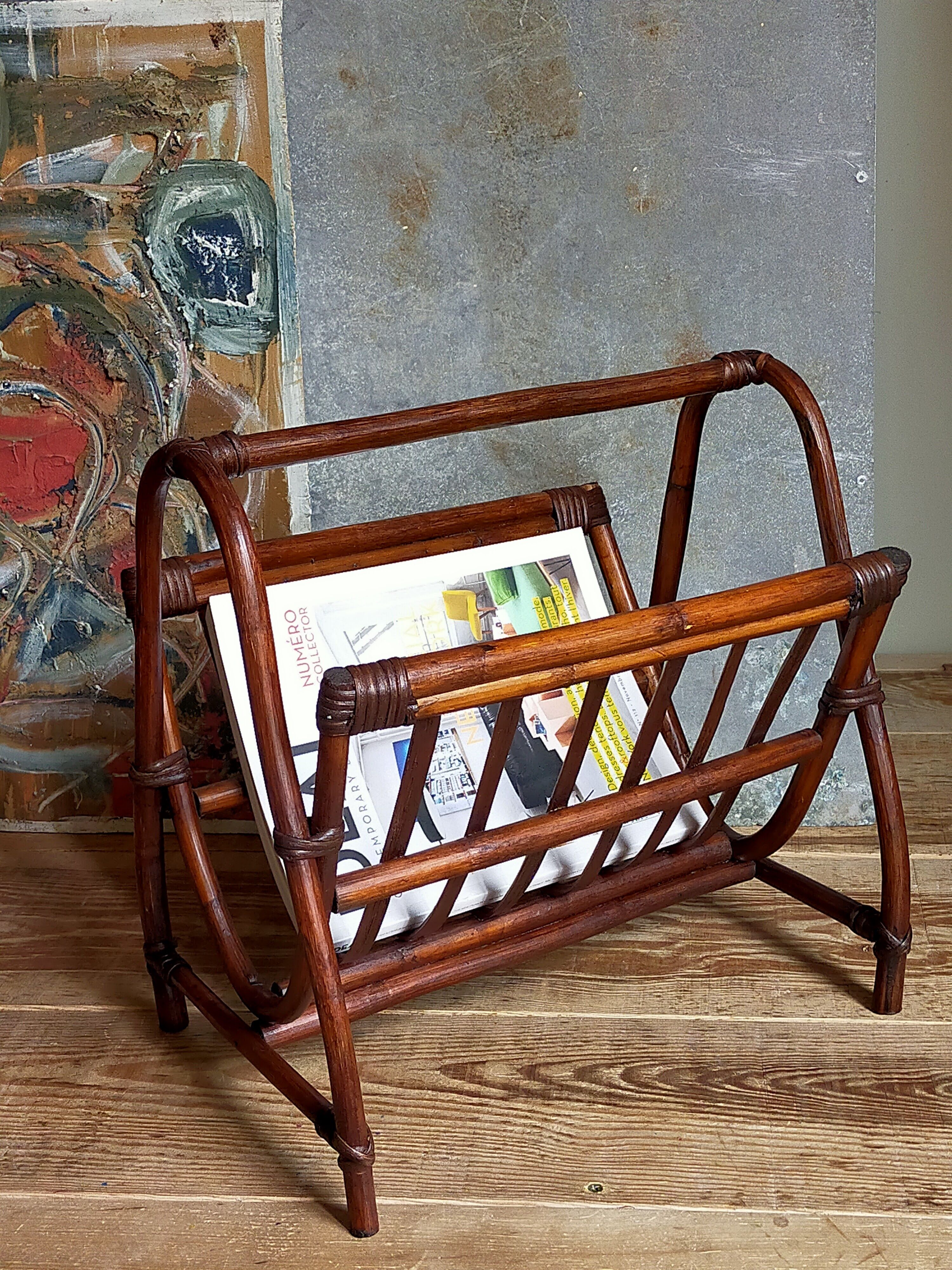 Vintage 1960s rattan magazine holder