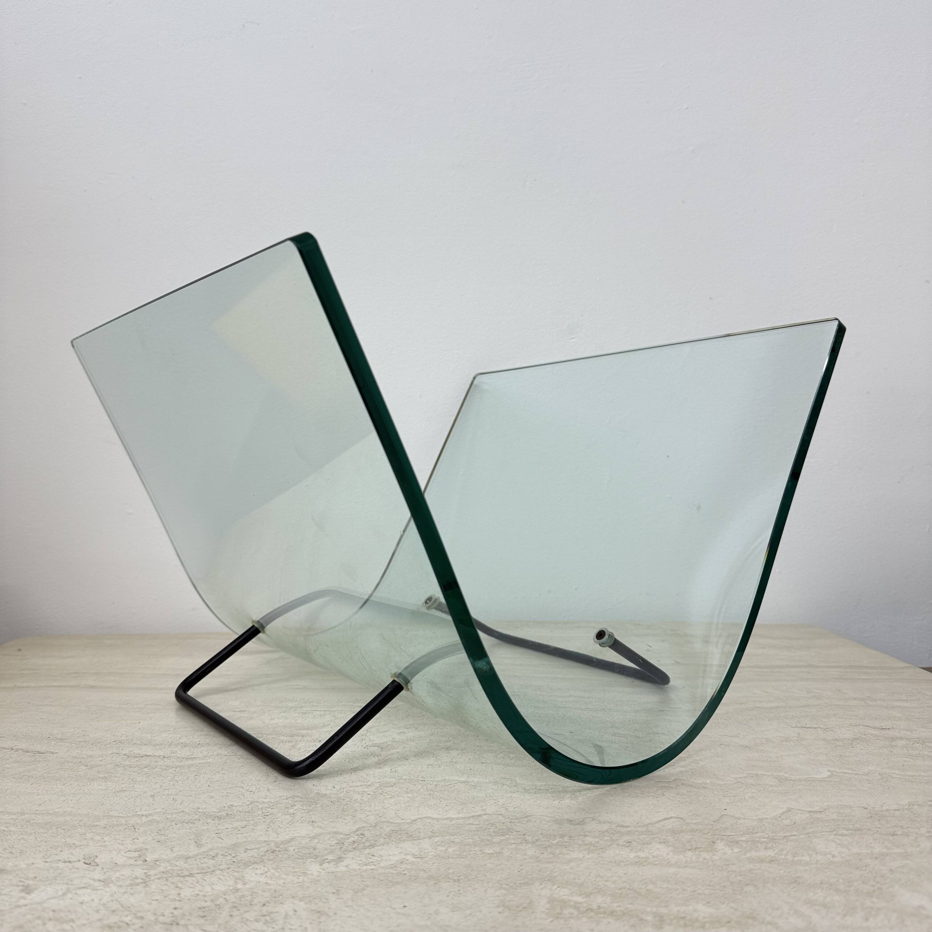 Post modern Fiam Italy curved glass magazine rack , 1980’s