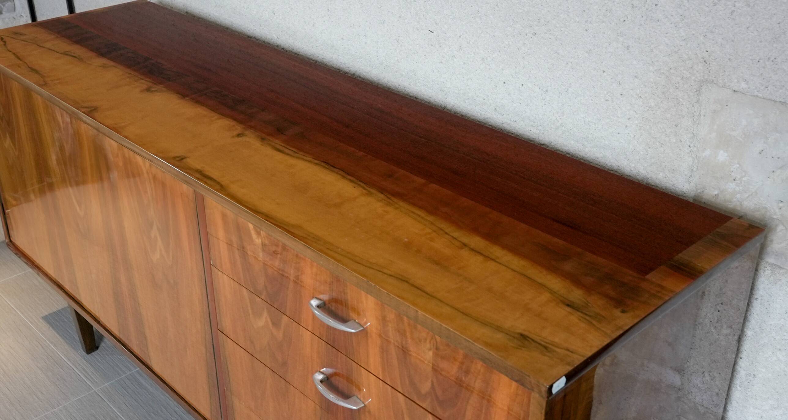 Violetta sideboard/chest of drawers in walnut and mahogany, Piotrkowskie Fabryki Mebli, Poland, 1960.
