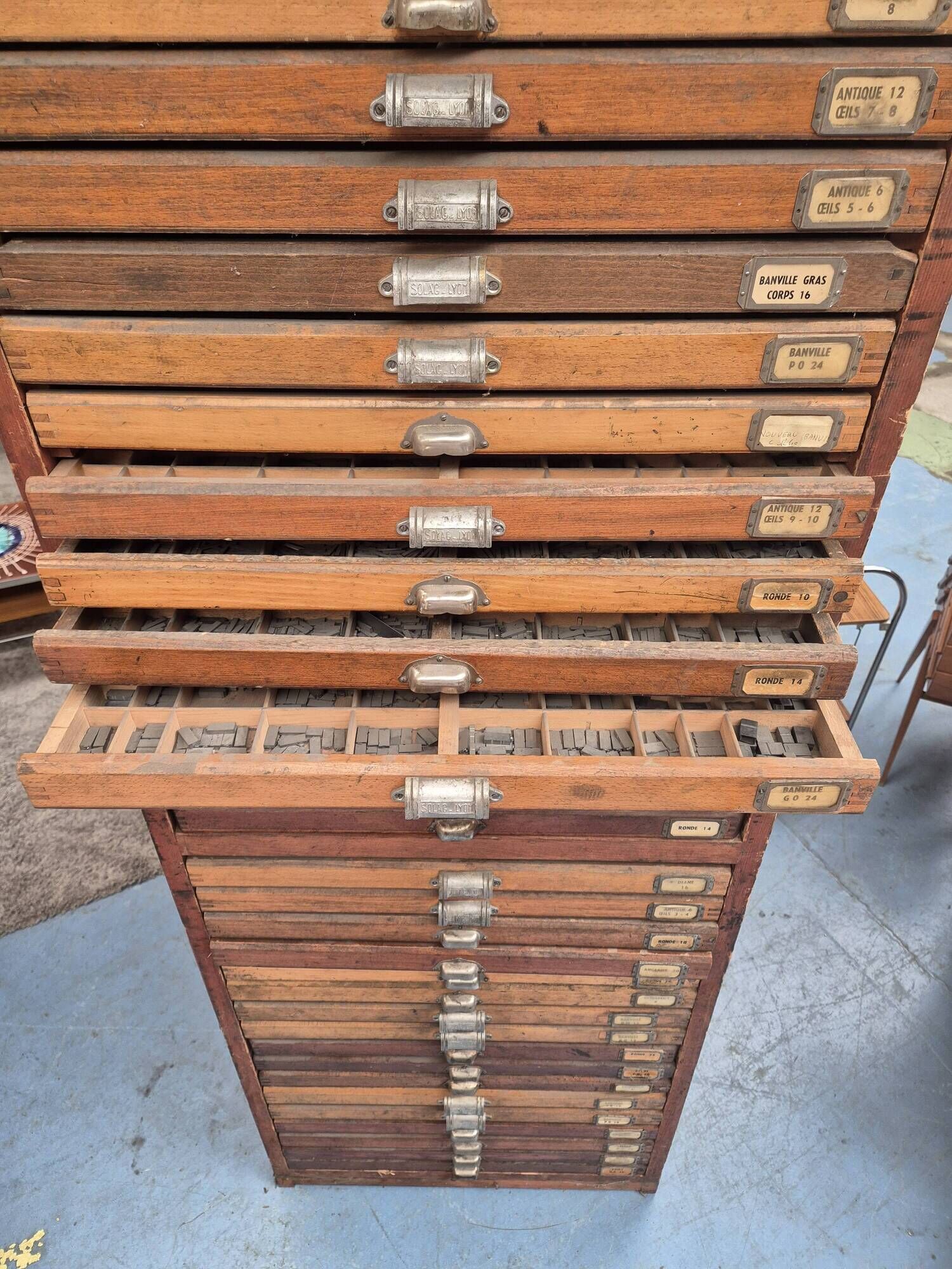 Wooden printing cabinet 36 drawers with typographic letters