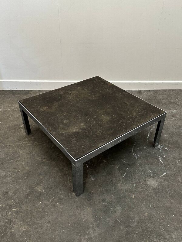 Table basse en ardoise et chrome des années 1970 avec fossile de coquillage, Allemagne des années 1970.