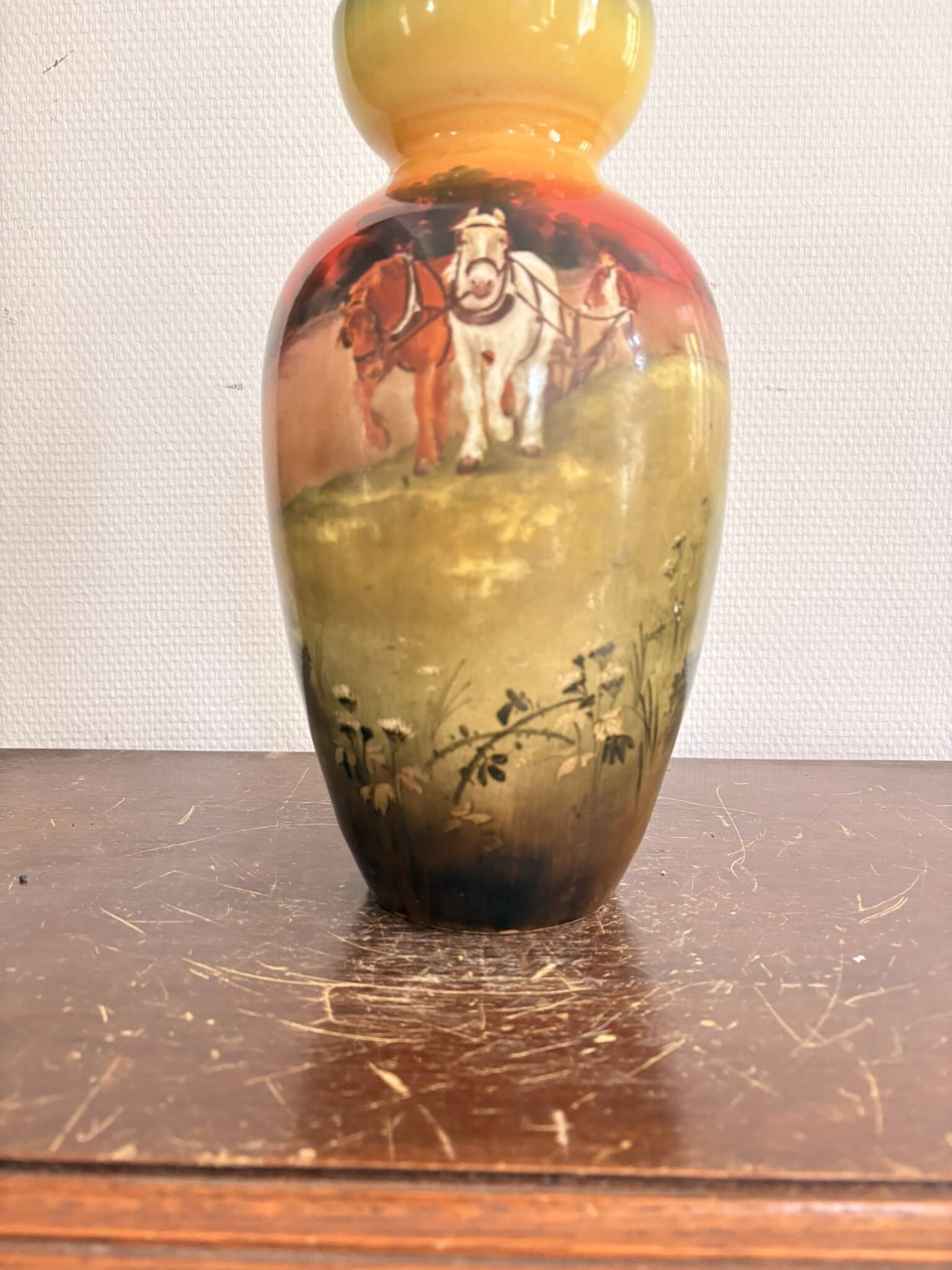 Antique English Vase Soleilian SF&Co 1910 Earthenware Decor Horses Ploughman