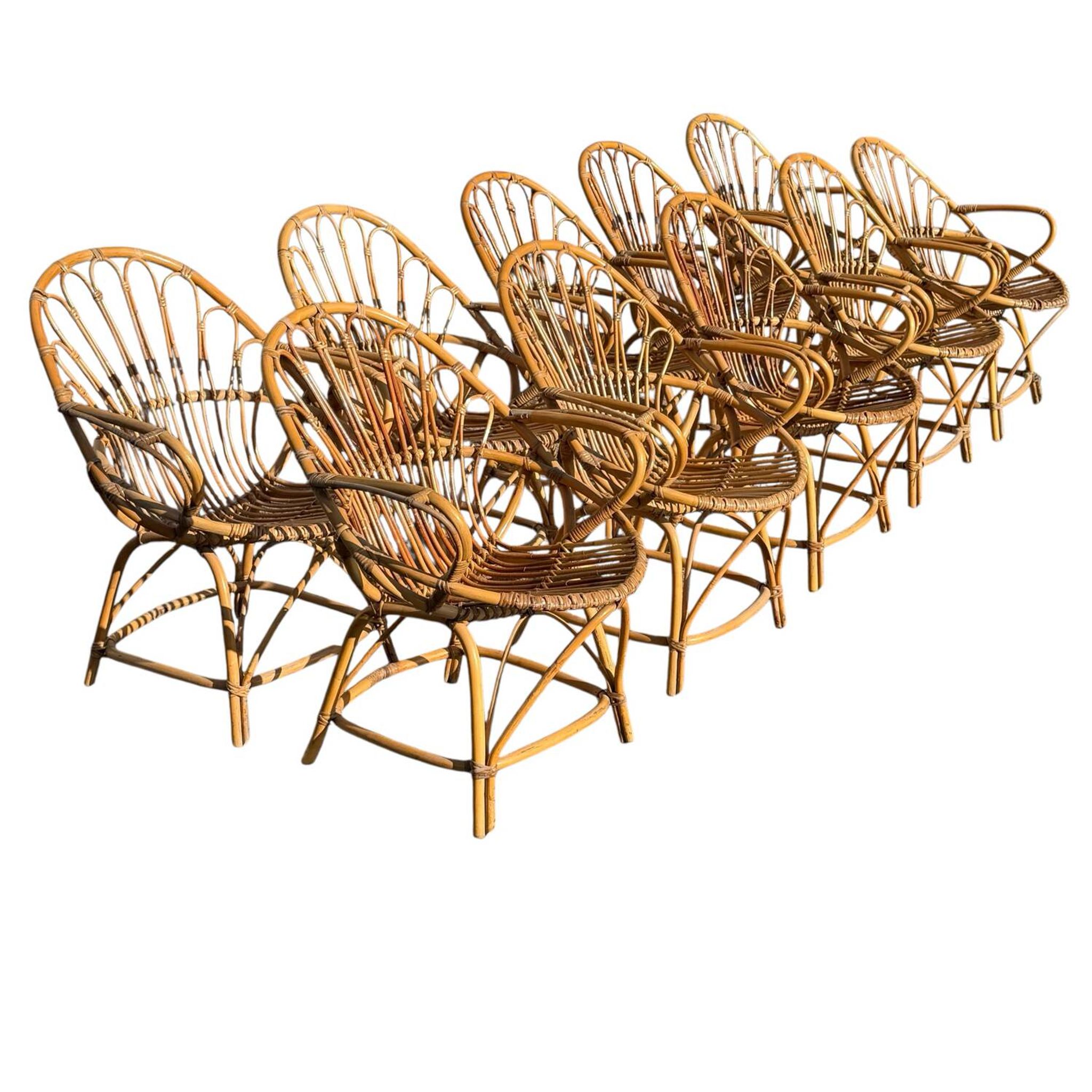 Set of 10 rattan armchairs from the 1960s, France.