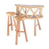 Bean-shaped bar and its two vintage stools in braided rush