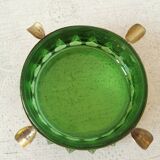 Cendrier en cristal vert et or vintage / Cendrier rond en verre de style mid-century modern