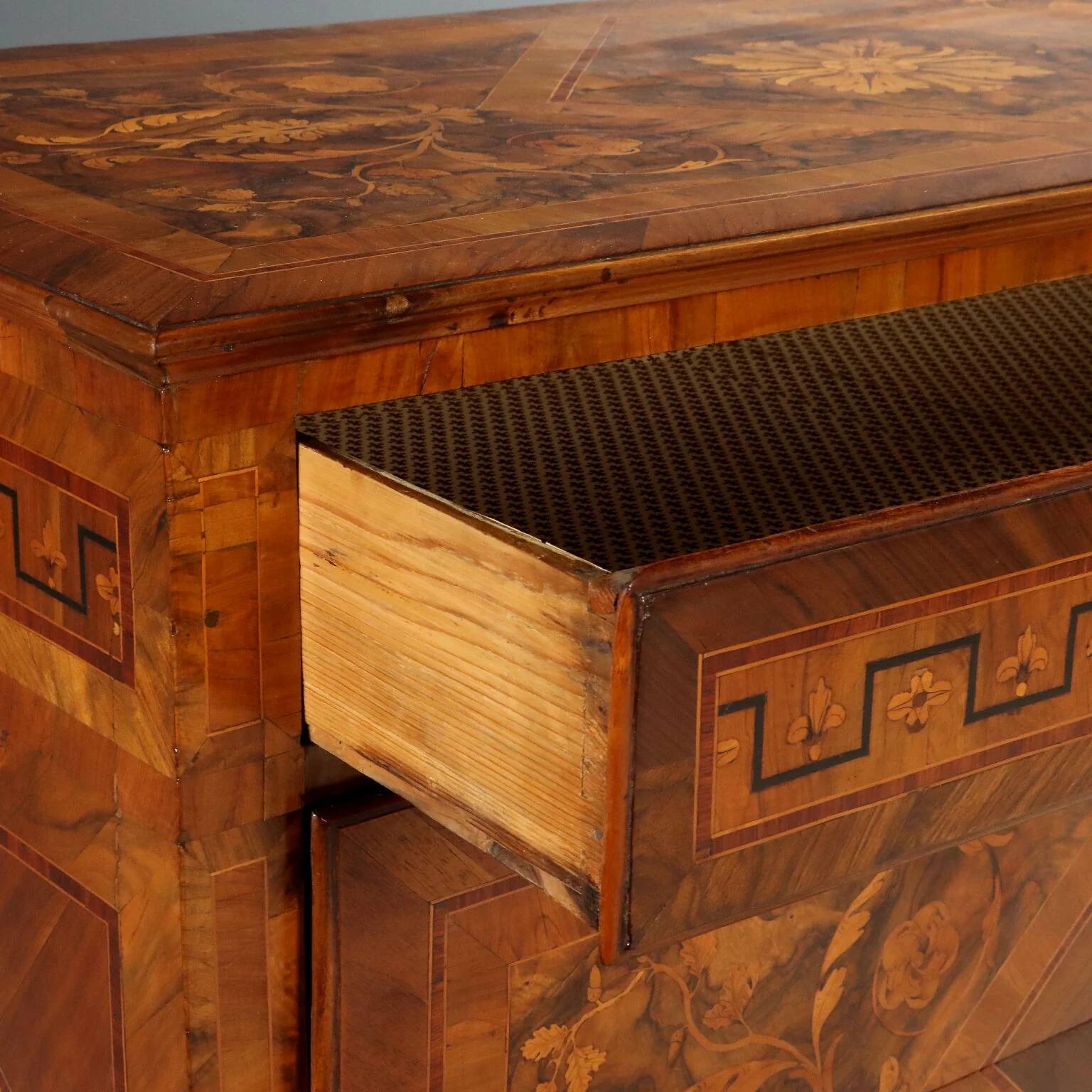 Pair of antique neoclassical walnut commodes from the 18th century.