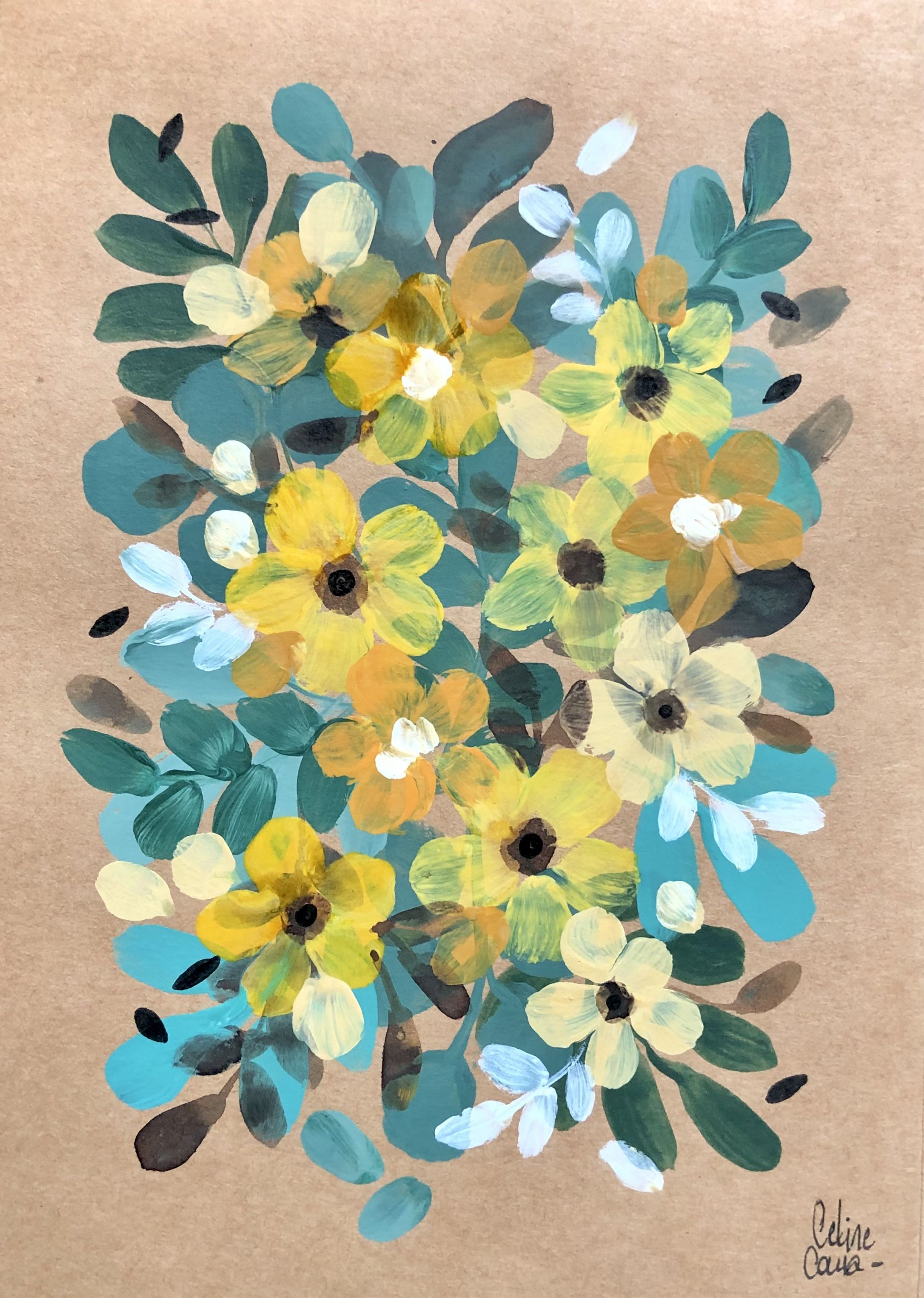 Floral painting on A5 paper Yellow flowers by CÉLINE Caux