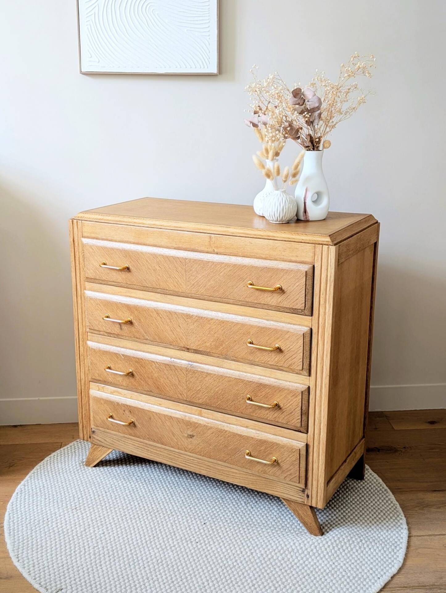 Commode vintage rénovée, chêne blond, pieds compas, années 50 60
