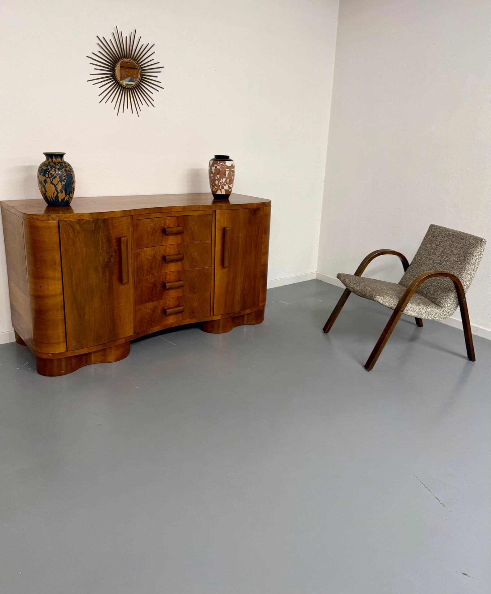 Antique walnut sideboard in Art Deco style from the 1930s.