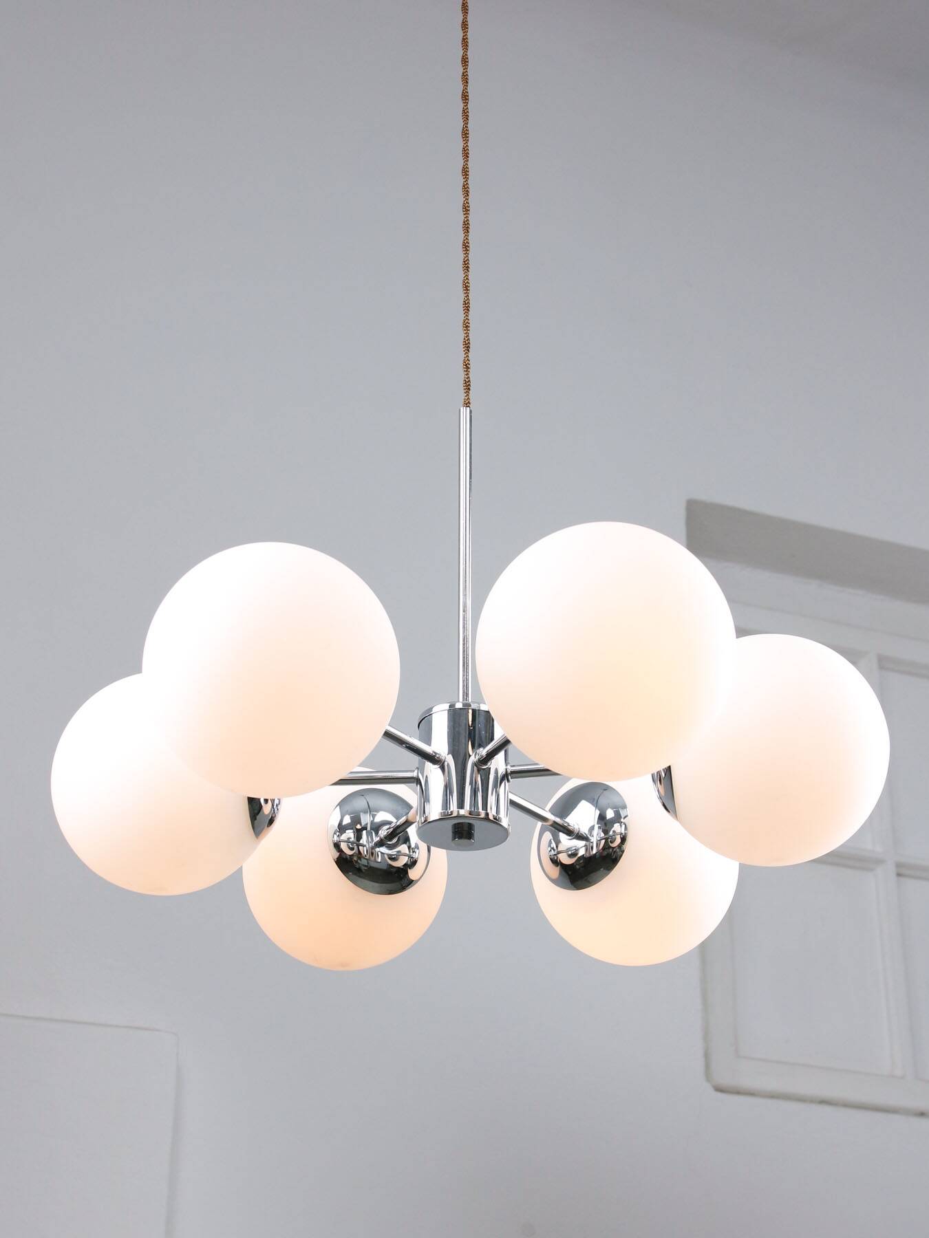 Space Age Italian Sputnik Chrome and Opaline Chandelier, 1970s