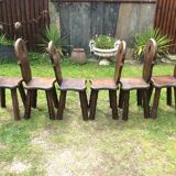 Brutalist rustic vintage chairs in solid oak. ( Series of 6 )