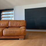 Vintage 3-seater sofa Gérard Guermonprez fawn and stainless steel leather, France 1970