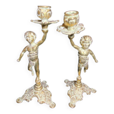 Pair of candlestick buds cherub angel brass