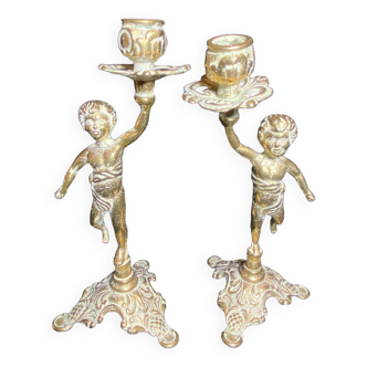 Pair of candlestick buds cherub angel brass