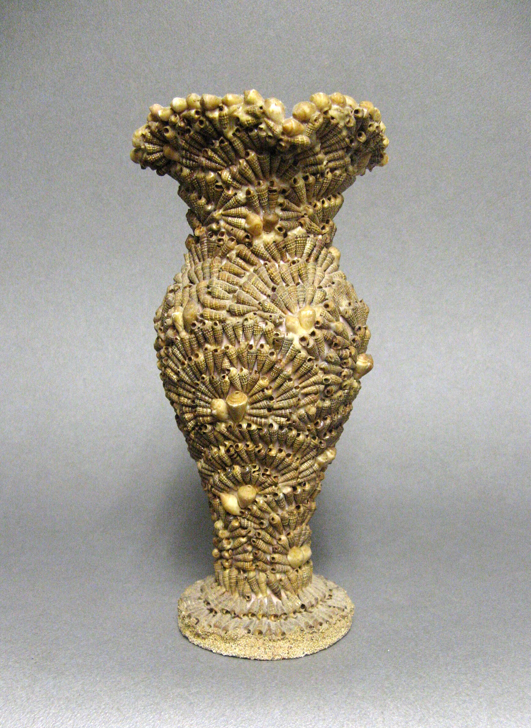 Vase covered with shells. Seaside souvenir.