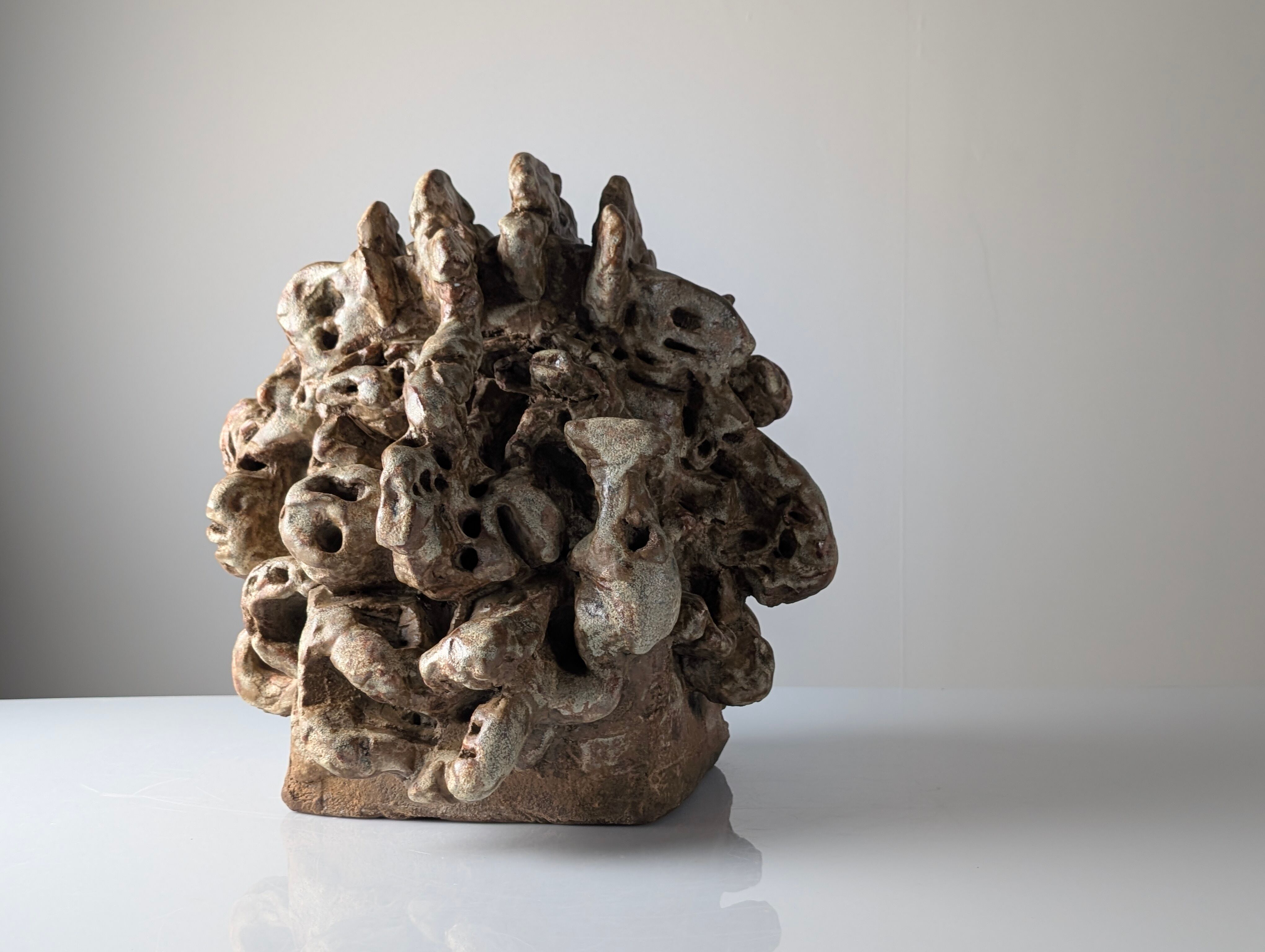 Large organic glazed stoneware sculpture with coral shapes, signed, 2002