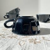 Vintage black earthenware coffee cups with multi-colored background, 1970s