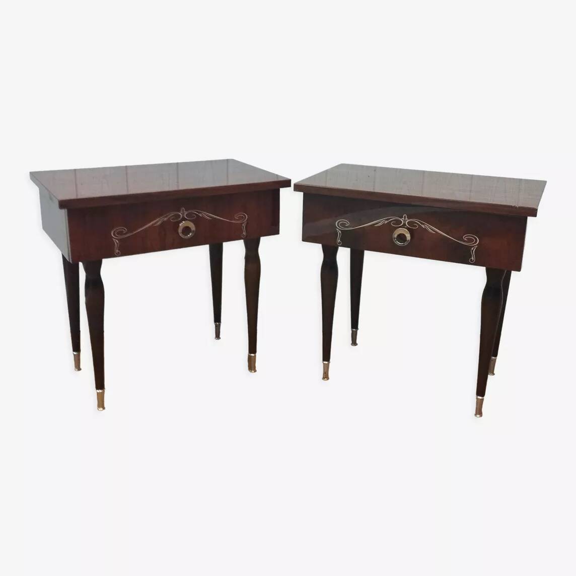Pair of varnished wood bedside tables with gilding - vintage