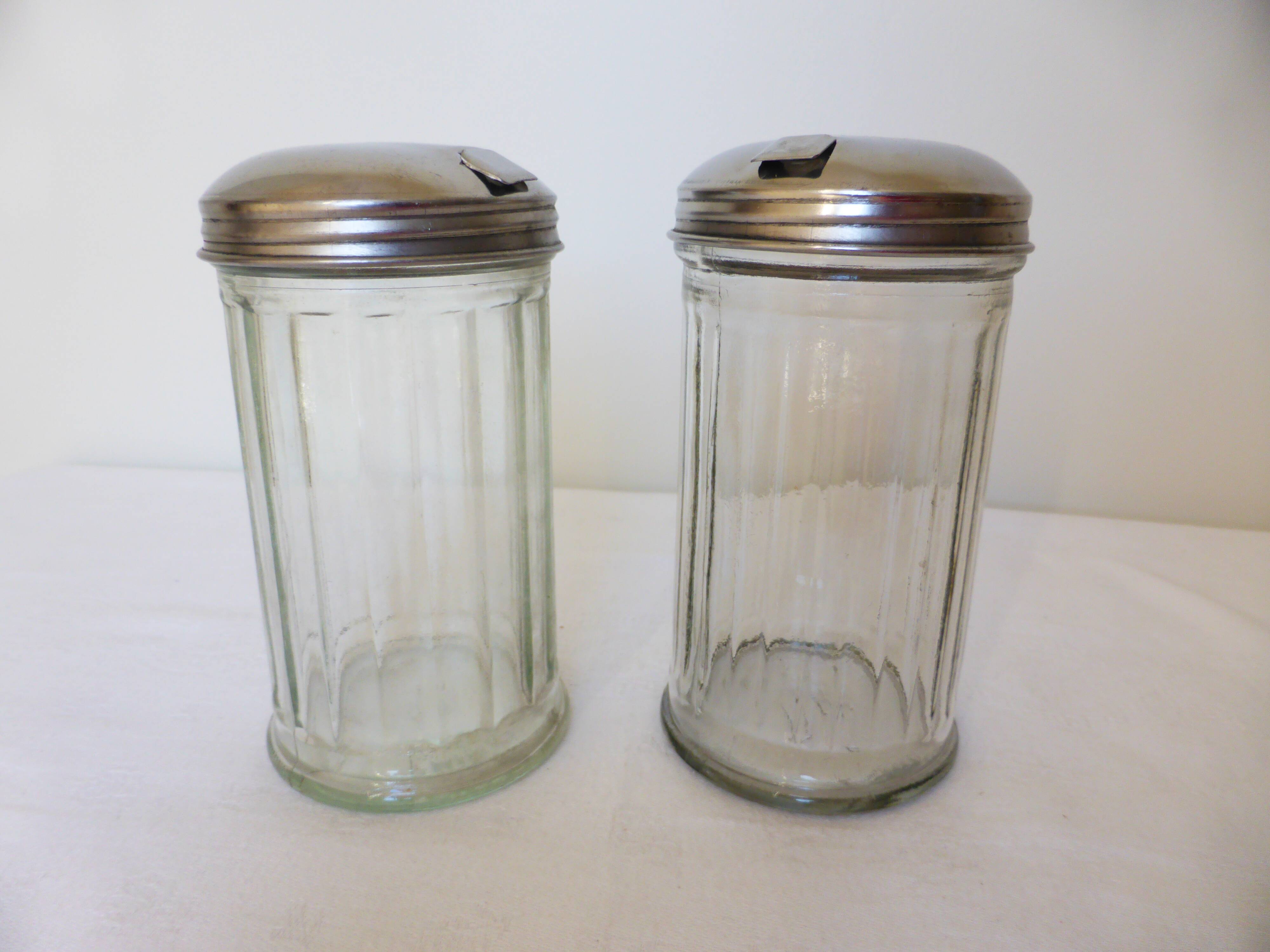 vintage glass and stainless steel sugar bowl